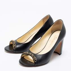 Pre Owned Chanel Black Leather Chain Trim Peep Toe Block Heel  Pumps Size 37 