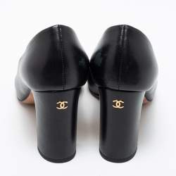 Pre Owned Chanel Black Leather Chain Trim Peep Toe Block Heel  Pumps Size 37 