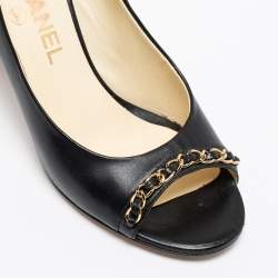 Pre Owned Chanel Black Leather Chain Trim Peep Toe Block Heel  Pumps Size 37 