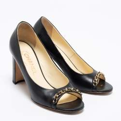 Pre Owned Chanel Black Leather Chain Trim Peep Toe Block Heel  Pumps Size 37 