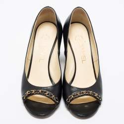 Pre Owned Chanel Black Leather Chain Trim Peep Toe Block Heel  Pumps Size 37 