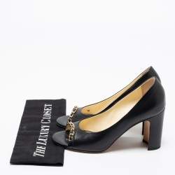 Pre Owned Chanel Black Leather Chain Trim Peep Toe Block Heel  Pumps Size 37 