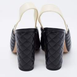 Pre Owned صندل شانيل سي سي جلد مبطن أسود كعب مربع سميك مقاس 37