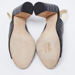 Pre Owned صندل شانيل سي سي جلد مبطن أسود كعب مربع سميك مقاس 37