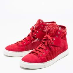 Pre Owned حذاء رياضي شانيل شبك وسويدي أحمر بعنق طويل مقاس 41