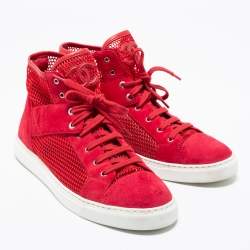 Pre Owned حذاء رياضي شانيل شبك وسويدي أحمر بعنق طويل مقاس 41