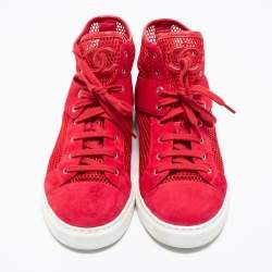 Pre Owned حذاء رياضي شانيل شبك وسويدي أحمر بعنق طويل مقاس 41