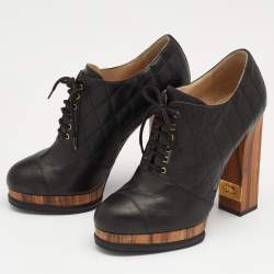 Chanel Black Quilted Leather CC Block Heel Lace Up Platform Booties Size 38