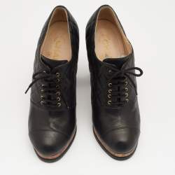 Chanel Black Quilted Leather CC Block Heel Lace Up Platform Booties Size 38