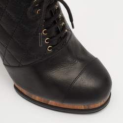 Chanel Black Quilted Leather CC Block Heel Lace Up Platform Booties Size 38