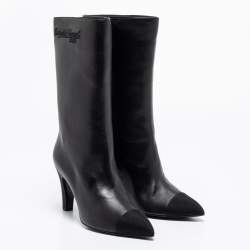 Chanel Black Leather CC Cap Toe Knee High Boots Size 38