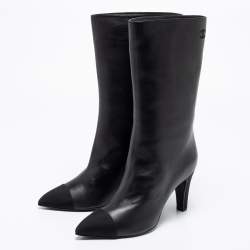 Chanel Black Leather CC Cap Toe Knee High Boots Size 38