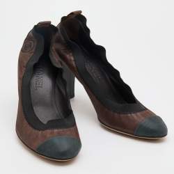 Pre Owned Chanel Metallic Brown/Black Suede CC Cap Toe Block Heel Pumps Size 40