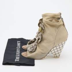 Chanel Blue/White Striped Stretched Leather Camellias Booties Size 40