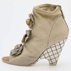 Chanel Blue/White Striped Stretched Leather Camellias Booties Size 40