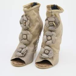 Chanel Blue/White Striped Stretched Leather Camellias Booties Size 40