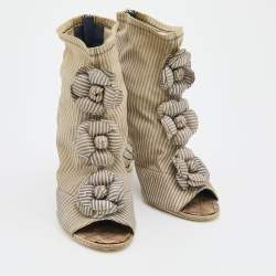 Chanel Blue/White Striped Stretched Leather Camellias Booties Size 40