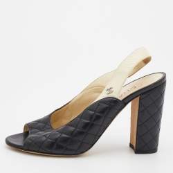 Chanel Black/Cream Quilted Leather CC Block Heel Slingback Sandals Size 38