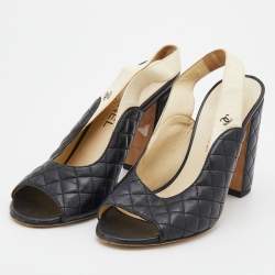 Chanel Black/Cream Quilted Leather CC Block Heel Slingback Sandals Size 38
