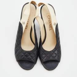 Chanel Black/Cream Quilted Leather CC Block Heel Slingback Sandals Size 38