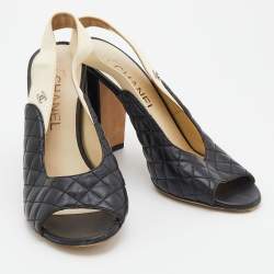 Chanel Black/Cream Quilted Leather CC Block Heel Slingback Sandals Size 38