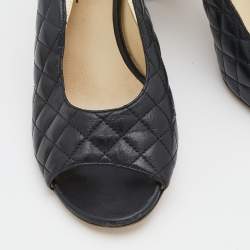 Chanel Black/Cream Quilted Leather CC Block Heel Slingback Sandals Size 38