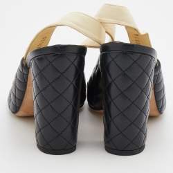 Chanel Black/Cream Quilted Leather CC Block Heel Slingback Sandals Size 38