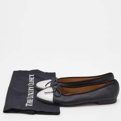 Pre Owned Chanel Black/Silver Leather CC Cap Toe Ballet Flats Size 36