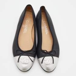 Pre Owned Chanel Black/Silver Leather CC Cap Toe Ballet Flats Size 36