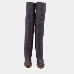 Pre Owned حذاء بوت فوق الركبة شانيل سي سي جلد بني داكن مقاس 37.5