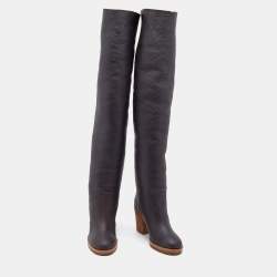 Pre Owned حذاء بوت فوق الركبة شانيل سي سي جلد بني داكن مقاس 37.5