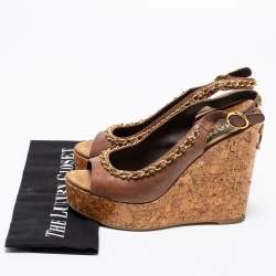 Pre Owned Chanel Brown Leather Chain Detail CC Cork Platform Wedge Slingback Sandals Size 38