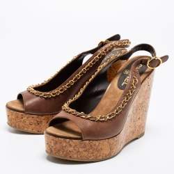 Pre Owned Chanel Brown Leather Chain Detail CC Cork Platform Wedge Slingback Sandals Size 38