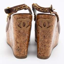 Pre Owned Chanel Brown Leather Chain Detail CC Cork Platform Wedge Slingback Sandals Size 38