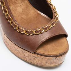 Pre Owned Chanel Brown Leather Chain Detail CC Cork Platform Wedge Slingback Sandals Size 38