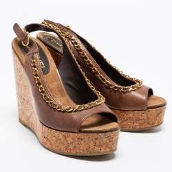 Pre Owned Chanel Brown Leather Chain Detail CC Cork Platform Wedge Slingback Sandals Size 38
