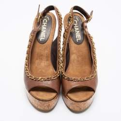 Pre Owned Chanel Brown Leather Chain Detail CC Cork Platform Wedge Slingback Sandals Size 38