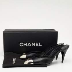 Chanel Black Leather CC Metal Cap Toe Mule Sandals Size 38.5
