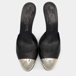 Chanel Black Leather CC Metal Cap Toe Mule Sandals Size 38.5