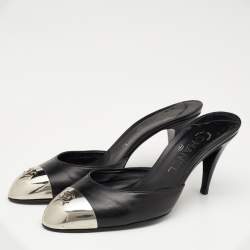 Chanel Black Leather CC Metal Cap Toe Mule Sandals Size 38.5