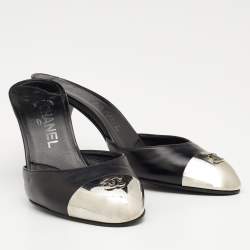 Chanel Black Leather CC Metal Cap Toe Mule Sandals Size 38.5