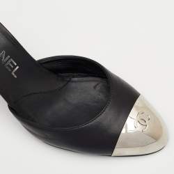 Chanel Black Leather CC Metal Cap Toe Mule Sandals Size 38.5