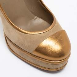 Pre Owned Chanel Gold/Grey Suede And Leather Cap Toe Pumps Size 37.5