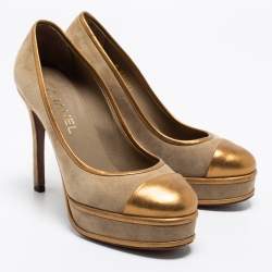 Pre Owned Chanel Gold/Grey Suede And Leather Cap Toe Pumps Size 37.5