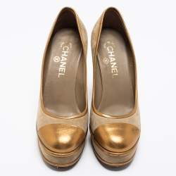 Pre Owned Chanel Gold/Grey Suede And Leather Cap Toe Pumps Size 37.5