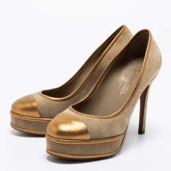 Pre Owned Chanel Gold/Grey Suede And Leather Cap Toe Pumps Size 37.5