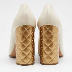 Pre Owned Chanel Cream/Gold Leather Camellia Cap Toe Block Heel Pumps Size 39.5