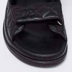 Pre Owned Chanel Black Quilted Leather CC Velcro Dad Sandals Size 40.5