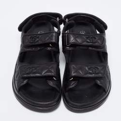 Pre Owned Chanel Black Quilted Leather CC Velcro Dad Sandals Size 40.5