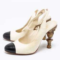 Pre Owned Chanel Cream/Black Leather Baroque Heel Ankle-Strap Pumps Size 38.5